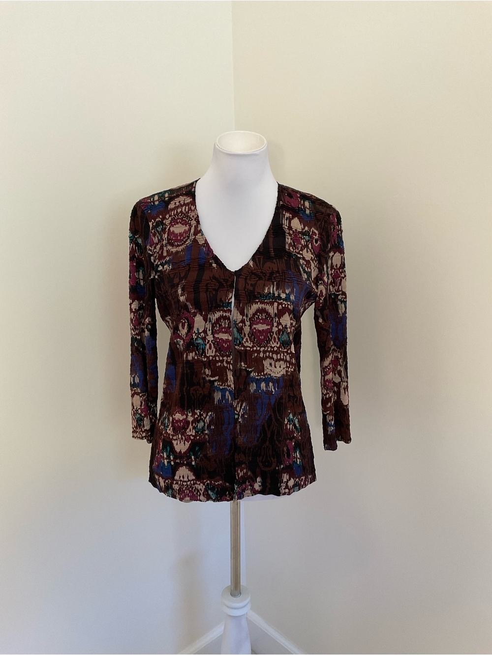 Alberto Makali Brown Abstract Crinkle Texture Cardigan Blouse
